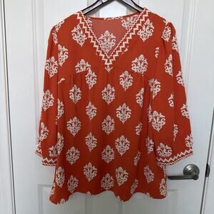 Blouse 3/4 Sleeve Lightweight Women's XL Orange White Abstract
